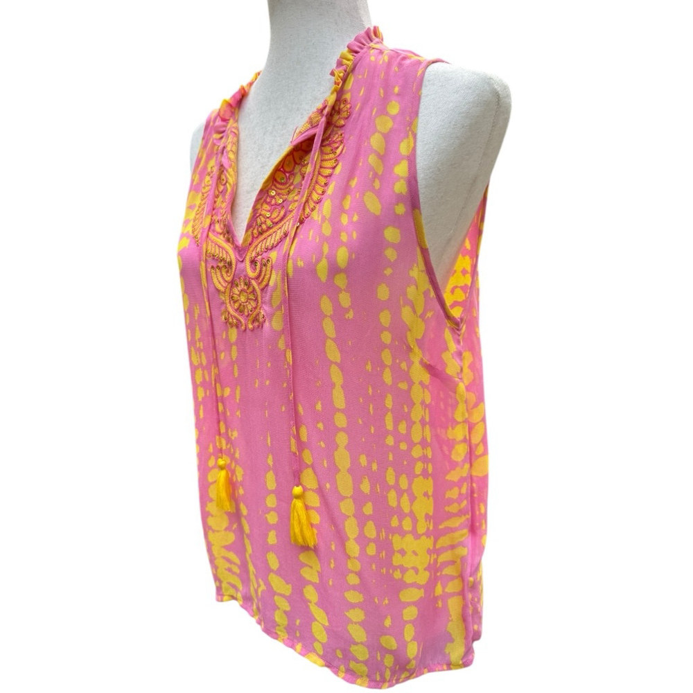 Vibrant Esqualo Boho Embroidered Tassel Top Shirt Yellow Sleeveless Festival 4 - Picture 5 of 10